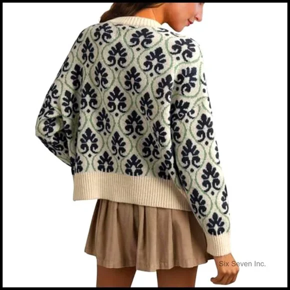 Vintage Floral Cardigan Open Front Chunky Knit Sweater Y2K Retro Chic Outerwear - Picture 4 of 7